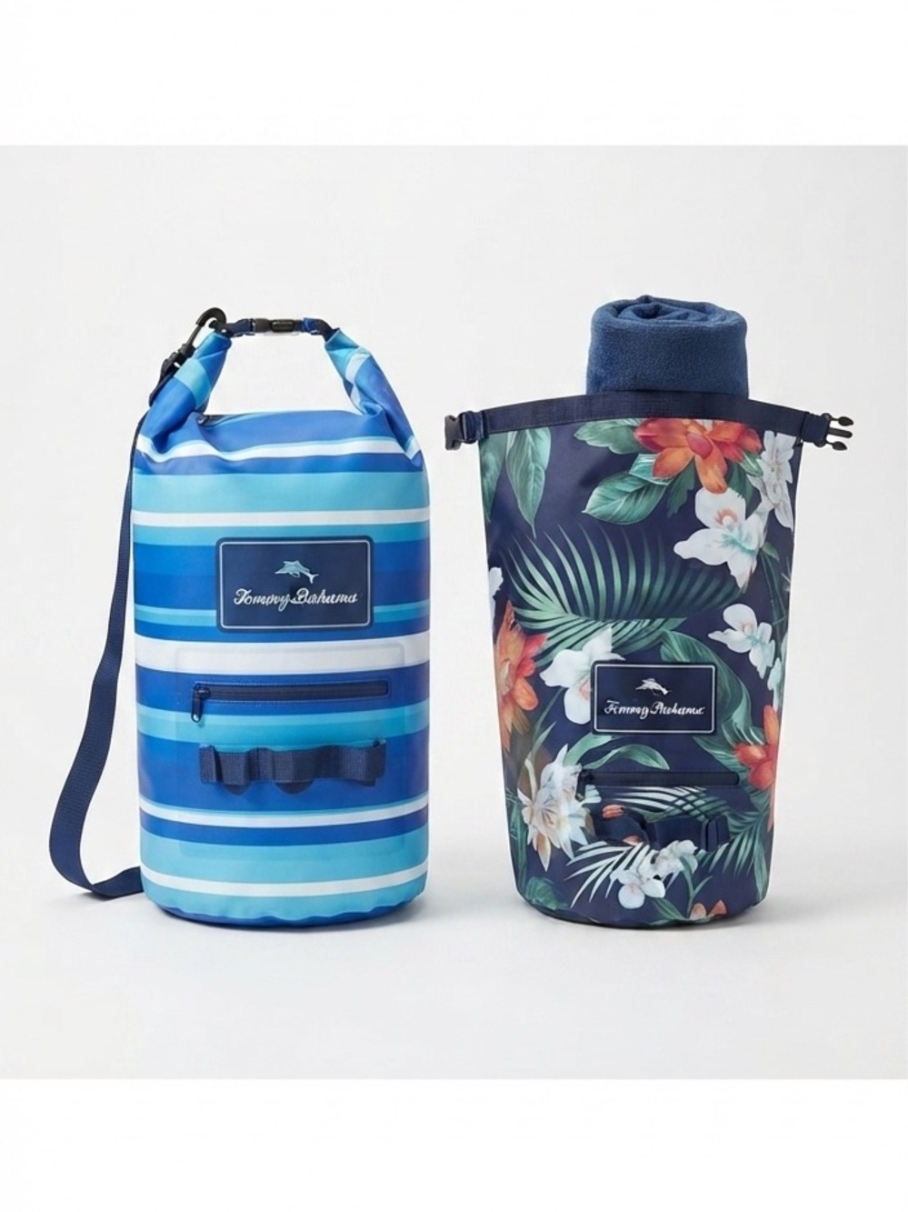 Tommy Bahama 20L Waterproof Dry Bag, Roll-Top Dark Floral and Harbor Stripe